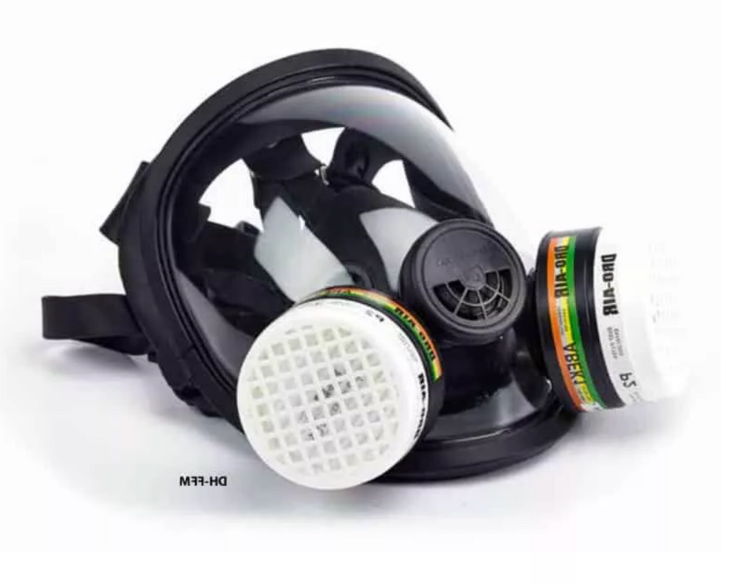 A black full face gas mask with a clear visor and white filter cartridges attached.