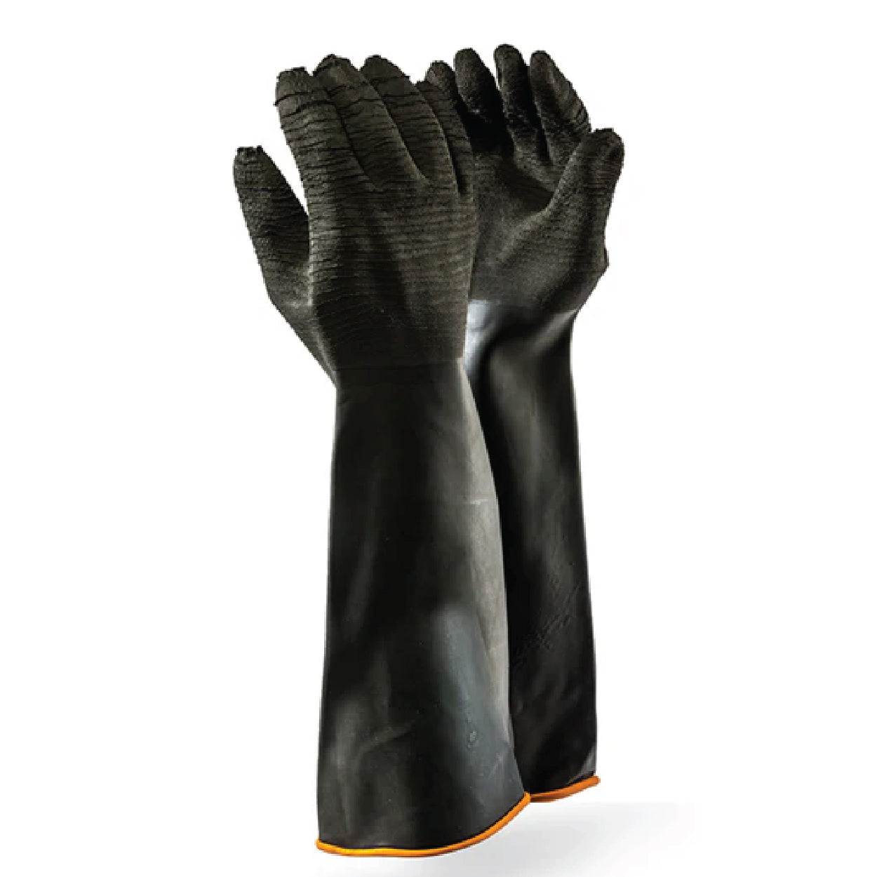 Dromex Industial Rough Palm Rubber Glove Rolled Cuff Elbow 55cm (H2) Black/Orange - Black/Orange