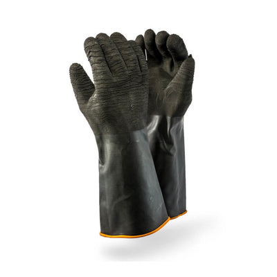 Dromex Industial Rough Palm Rubber Glove Rolled Cuff Elbow 40cm (H2) Black/Orange